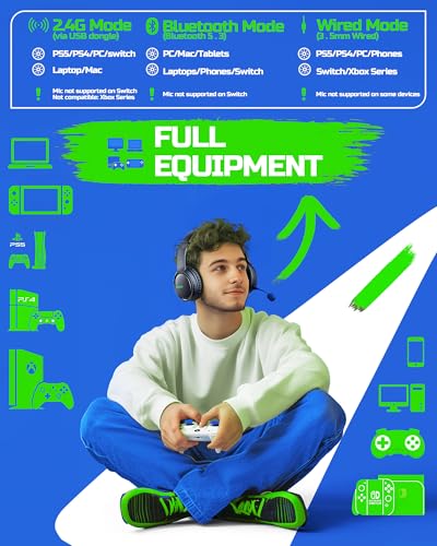 BINNUNE Wireless Gaming Headset — 2.4GHz Low-Latency USB Dongle + Bluetooth, 50mm Drivers 7.1 Surround, Noise-Cancelling Mic, 40H Battery — Over Ear Wireless Headphones for PS5, PC, Laptop, Green - color: Green, style: For PS5