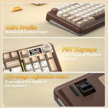 SOLAKAKA A99 Pro Mechanical Keyboard with LCD Screen & Metal Knob, Wireless Gaming Keyboard with BT5.0/2.4GHz/USB-C, Hot Swappable Creamy Keyboard, Gasket Structure, RGB Backlit, for Win/Mac - color: Milk Coffee Brown