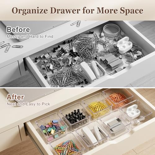 Hudgan 24 Pcs Small Drawer Organizer BinsSet, Stackable Drawer Divider Trays for Makeup Vanity, Bathroom, Office Desk, Straight Sides Tray Perfect for Craft Supplies, Cosmetics