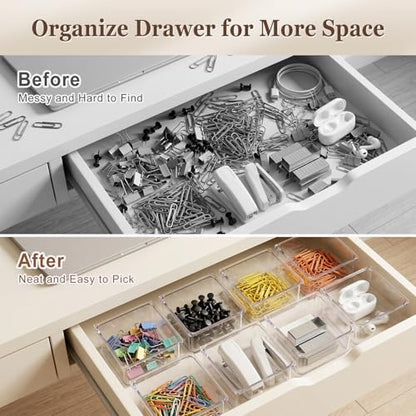 Hudgan 24 Pcs Small Drawer Organizer BinsSet, Stackable Drawer Divider Trays for Makeup Vanity, Bathroom, Office Desk, Straight Sides Tray Perfect for Craft Supplies, Cosmetics