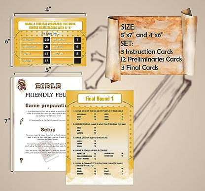 Christian Bible Feud Game,Family Feud Game for Adults,Bible Family Feud Questions,Bible Study Supplies,Bible Trivia Game,Bible Games Bundle,12 Preliminaries Card+3 Final Cards+3 Instruction Cards,03