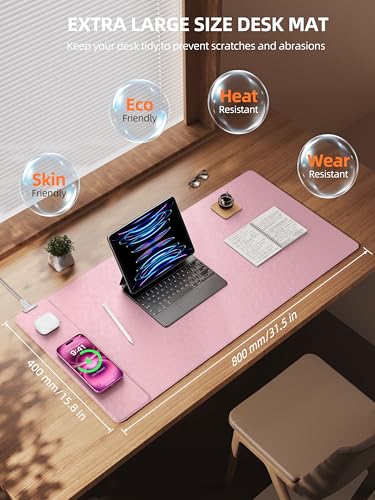 TopMade Mouse Pad with 15W Wireless Charging, XXL Large Leather Desk Mat, Waterproof Gaming Mousepad Home Office Desk Pad Protector, Pink (Includes 20W PD Power Adapter & 6.56ft Woven Cable) - color: Pink With Adapter