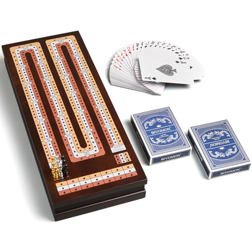 BIVOMON Wooden Cribbage Board Game Set with Large Storage Area, 3 Track Cribbage Board, 9 Metal Pegs｜2 Playing Cards｜Magnetic Lock, Family Travel Portable Tabletop Game for Adults & Kids (Instruction)