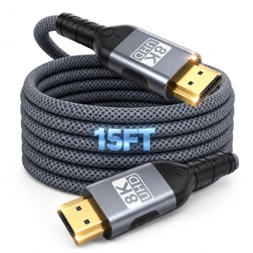Long 8K HDMI Cable 15FT, 48Gbps Ultra High Speed 8K@60Hz 4K@120Hz Gaming HDMI 2.1 Cable Cord, Dynamic HDR, eARC HDCP 2.2&2.3, DTS:X,RTX 3090 for PS5 Xbox SoundBar UHD TV Monitor