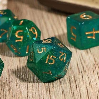 Green DND Dice Set Glitter Polyhedral Dice for D&D Tabletop Games | Leather Storage Bag, DM Gift, for Dungeons and Dragons Role Playing Games - color: Glitter-green