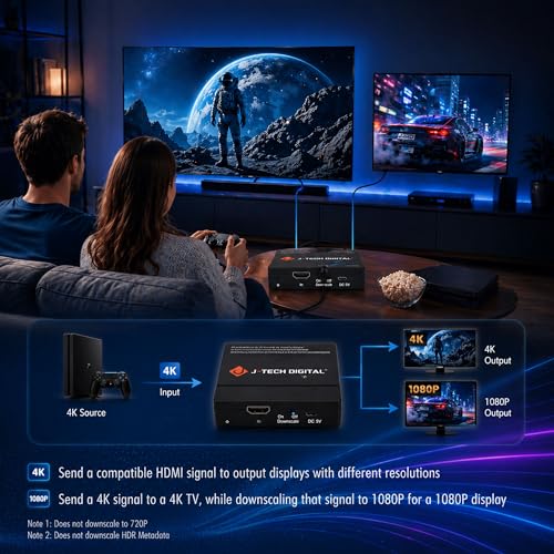 J-Tech Digital HDMI Splitter 1 in 2 Out 4K 60Hz Multi-Resolution Output (MRO) HDMI 2.0 Splitter Supports Downscale HDR HDR10 / Dolby Vision 4K@60Hz 4:4:4 HDCP2.3 2.2 (JTECH-4KSP2)