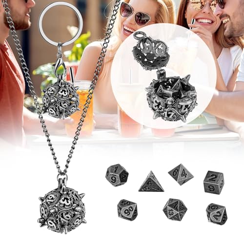 Mini DND Dice Set with D20 Spike Metal Cage Portable Keychain Necklace, Tiny 7pcs Polyhedral D&D Dice Set, DND Gifts with Gift Box, D&D Accessories for RPG, Dark Silver - color: Dark Silver