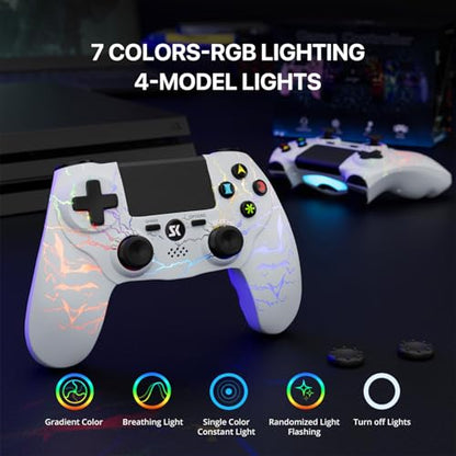ISHAKO Controller for PS4, Light-up Game Controller for Sony PlayStation 4/Pro/Slim/PC Windows, Control with RGB Light,1000mah Battery, Double Vibration, 6-Axis Motion Control, 3.5mm Audio Jack - White - color: White