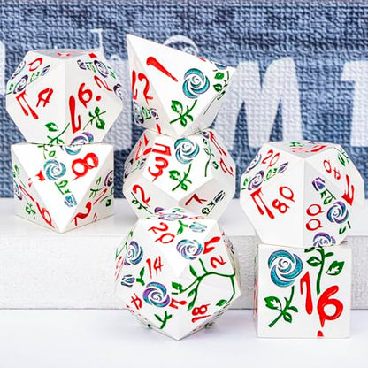 Gothic DND Dice Set Bleeding Rose Metal D and D Dice for use with Dungeons Dragons D&D Role Playing Game, Silver Purple Green RPG Polyhedral Dice Set D20 D12 D10 D8 D6 D4 - color: Purple Green&silver&red Numbers