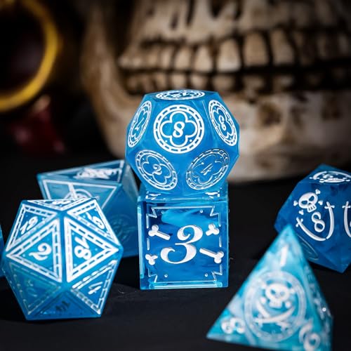 Cusdie 7-Piece Sharp Edges DND Dice Set with Pirate Design - Perfect for Tabletop RPGs Board Games Gifting and Collecting(Blue w/White Pirate Pattern) - color: Blue W/White Pirate Pattern