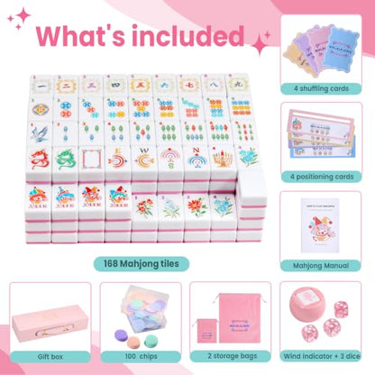 Pink American Mahjong Tile Set, 168 Premium Melamine | Gift-Ready Set with Storage Bag, Dice, Chips & Accessories for Family Game Nights, Parties, Travel and Vacations - color: Pink