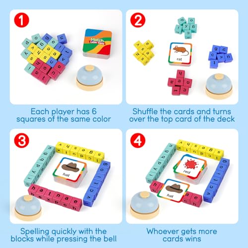 Edulok Word Race Cube - Preschool Wooden Alphabet Letter Blocks & Phonics Matching Games - CVC Word Learning Toys