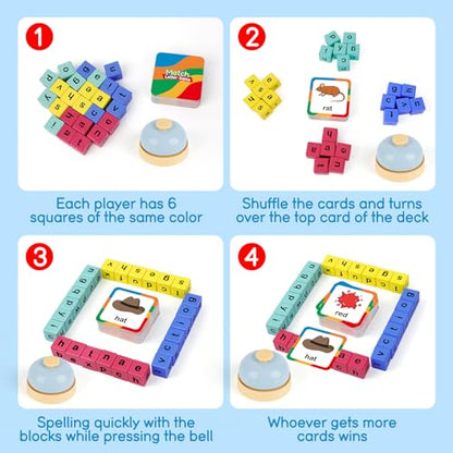Edulok Word Race Cube - Preschool Wooden Alphabet Letter Blocks & Phonics Matching Games - CVC Word Learning Toys