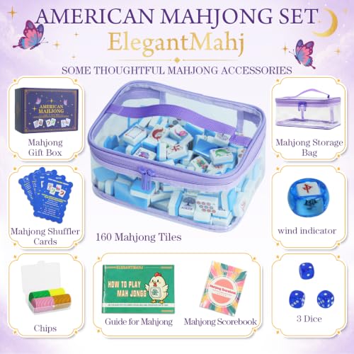 American Mahjong Set, 160 Blue Engraved Melamine Tiles | 1.2x0.9 Inches Travel Mahjong Tiles, Storage Bag, For Adult Social Games, Beginners & Mah Jongg Lovers Gift