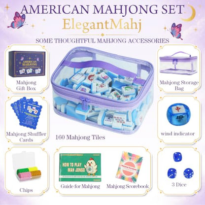 American Mahjong Set, 160 Blue Engraved Melamine Tiles | 1.2x0.9 Inches Travel Mahjong Tiles, Storage Bag, For Adult Social Games, Beginners & Mah Jongg Lovers Gift