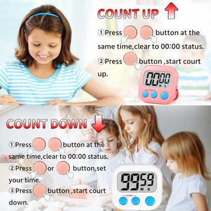 Timer for Kids Teachers Supplies Digital Kitchen Timers for Cooking Large Magnetic Classroom Timer 2Pack-White Pink - color: White Pink