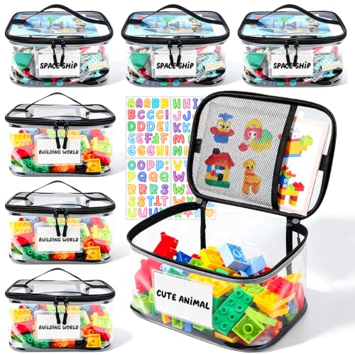 Tesuko 6 Pack Clear Toy Storage Bag with Name Tag& Manual Pocket, Waterproof Transparent PVC Toy Organizer Case for Lego Bricks, Board Games, Building Blocks, Puzzles (Large Capacity, Black) - color: Black-6PCS