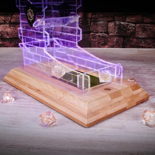 ENHANCE Tabletop LED Dice Tower with 7pc Dice Set for RPG Games - Clear Gaming Set, LED Lit Rolling Tray with Bamboo Base and Castle Tower Design, Roll Up to 14 at Once - Great for Game Night