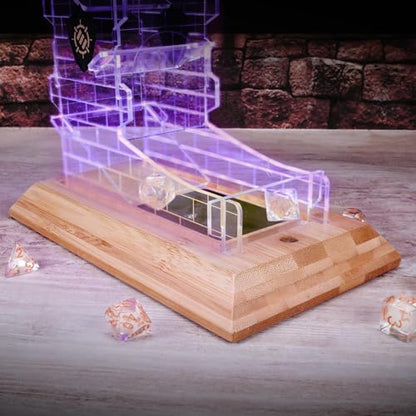 ENHANCE Tabletop LED Dice Tower with 7pc Dice Set for RPG Games - Clear Gaming Set, LED Lit Rolling Tray with Bamboo Base and Castle Tower Design, Roll Up to 14 at Once - Great for Game Night