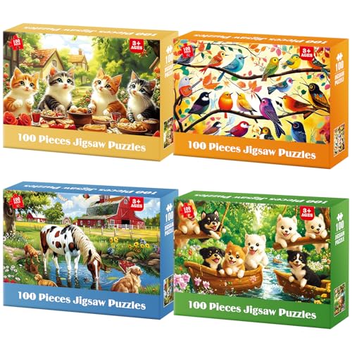 4 Packs 100 Piece Puzzles for Kids Ages 4-6 6-8 8-10, Cats Birds Farms Dogs Jigsaw Puzzles Educational Kids Puzzles 5-8 Gifts for Girls Boys Adults Seniors 15x11in - color: Cats Birds Farms Dogs