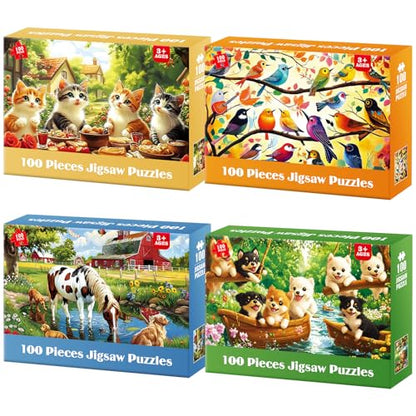 4 Packs 100 Piece Puzzles for Kids Ages 4-6 6-8 8-10, Cats Birds Farms Dogs Jigsaw Puzzles Educational Kids Puzzles 5-8 Gifts for Girls Boys Adults Seniors 15x11in - color: Cats Birds Farms Dogs
