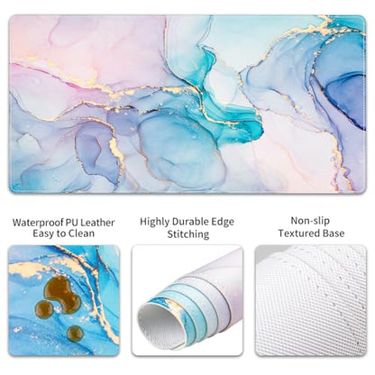 QIYI PU Leather Desk Mat Set, 4-in-1 Ergonomic Wrist Rest, Blue Pink Fluid | Waterproof Large Mouse Pad 31.5×15.7 + Keyboard Wrist Rest + Mouse Wrist Support+Coaster, Non-Slip Office Gaming Accessories - color: Blue Pink Fluid