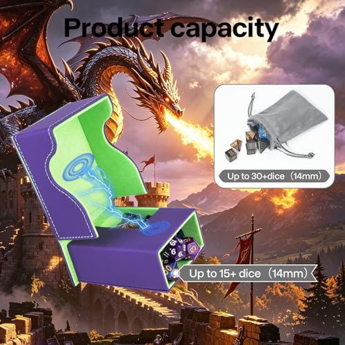 Dice Roller Tower, Premium DND Magnetic Dice Tray, Foldable PU Leather Dice Tower RPG Gifts for Dungeons and Dragons MTG Dm & Player Purple/Green（Grove Dragon） - color: Purple/Green