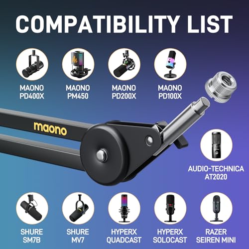MAONO Boom Arm Microphone Stand with XLR Cable: Adjustable Metal Suspension Mic Boom Arm Kit for Podcast Gaming Streaming Recording,with Desk Clamp and 3/8"to5/8"Screw Adapter(BA37+XLR-180)