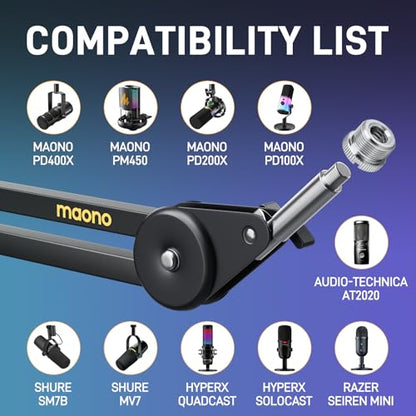 MAONO Boom Arm Microphone Stand with XLR Cable: Adjustable Metal Suspension Mic Boom Arm Kit for Podcast Gaming Streaming Recording,with Desk Clamp and 3/8"to5/8"Screw Adapter(BA37+XLR-180)