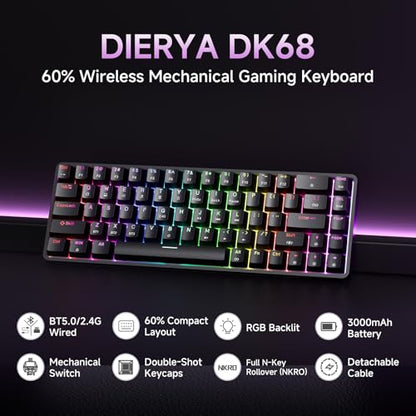 DIERYA DK68 60% Wireless Mechanical Gaming Keyboard, 3-Mode, Bluetooth 5.0/2.4G/USB-C, RGB Backlit, 68-Key Compact Mini for Windows, Mac, Linux - Clicky Blue Switch - Black - color: Black/Blue Switch, size: Wireless