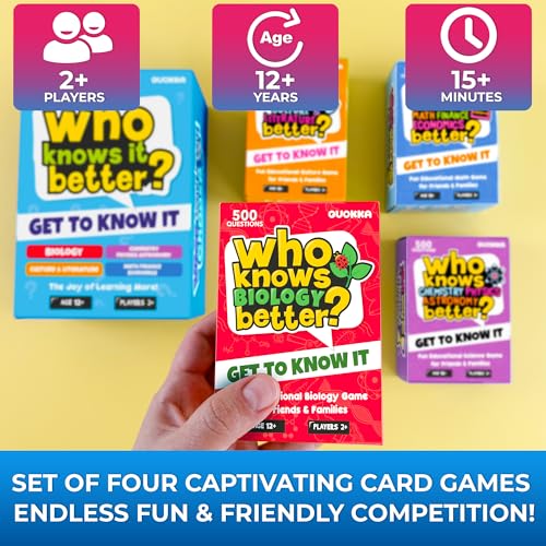 QUOKKA Board Games for Kids 8-12 – Set of 4 Family Card Games for Kids and Adults – Trivia Cards for Family Game Night – Who Knows It Better – 2000+ Questions Across Biology, Culture, STEM and Math - color: 02. 4 in 1 Set