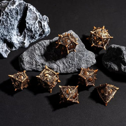 Metal Dice Set Dragon Eye Metal DND Dice Set for D&D Tabletop Games | Leather Storage Bag, DM Gift, for Dungeons and Dragons Role Playing Games - color: Dragon-antique Gold