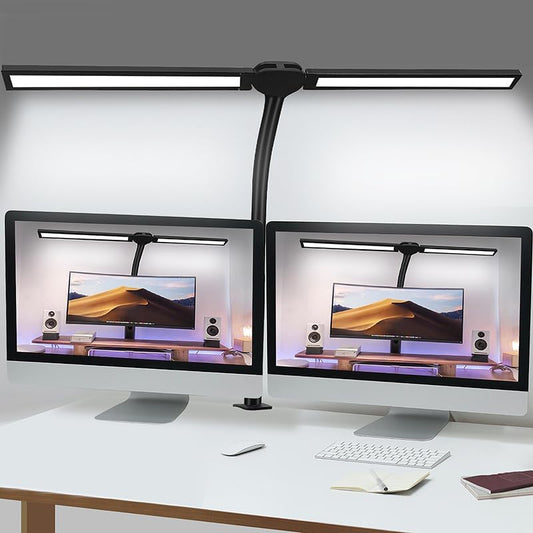 Double Head LED Desk Lamp for Office - Eye Caring Lamp with Clamp | Flexible Adjustable Lighting Gooseneck Desk Light, 4 Color Modes & 5 Brightness Levels for Monitor Workbench Study - color: Black-2D