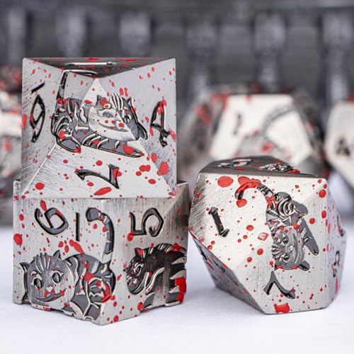 Metal DND Cat Dice Polyhedral RPG Dice Set with Gift Case for Dungeons Dragons Role Playing Game, 7PCS D and D Dice D6 D8 D10 D12 D20 D% (Blood) - color: Cat-ancient Silver+blood