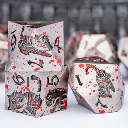 Metal DND Cat Dice Polyhedral RPG Dice Set with Gift Case for Dungeons Dragons Role Playing Game, 7PCS D and D Dice D6 D8 D10 D12 D20 D% (Blood) - color: Cat-ancient Silver+blood