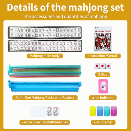 Ploomi American Mahjong Tiles Set, 166 White Tiles, 4 Color Racks & Pushers, Complete Western Mahjong Set with Blue Carrying Bag for Beginners & Experts - color: Black