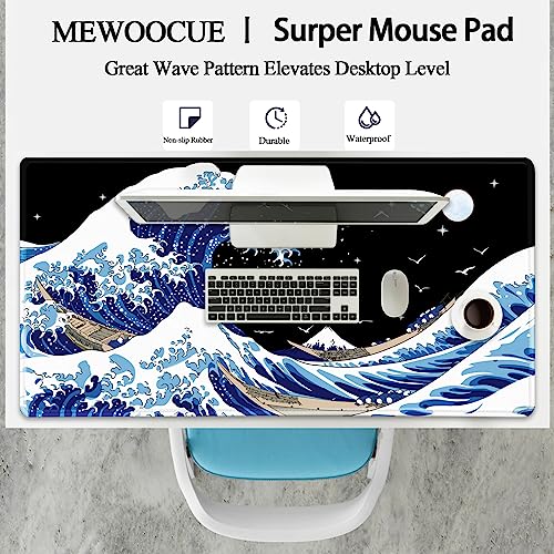 Gaming Laptop Mouse Pad,Sea Wave Big Mice Pads PC Keyboard Waterproof and Non-Slip 47.2" x 23.6" 0.15" Thick XL,XXL Rubber Table Mat, Kanagawa Surfing and Black Japanese Mouse Pads - color: A Kanagawa Surfing, size: 47.2" x 23.6"