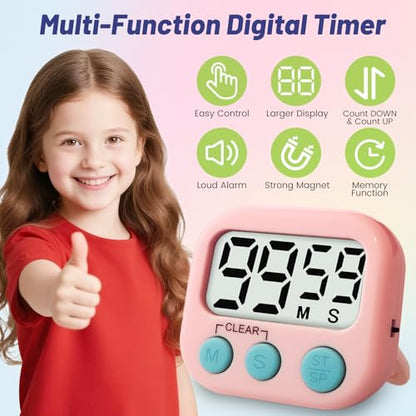 2 Pcs Digital Timer for Kids, Magnetic Countdown Kitchen Timer, Upgrade Loud Alarm Timers for Cooking, Kitchen, Exercise, Work, Study, Classroom, Outdoor Activities, Battery not Including