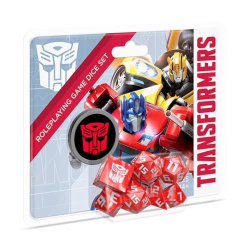 Renegade Game Studios Transformers RPG Dice Set, 8-Piece Red Polyhedral | Official translucent red dice with Autobot symbols. Includes 2 d20s, d12, d10, d8, d6, d4, and d2 coin for tabletop gaming