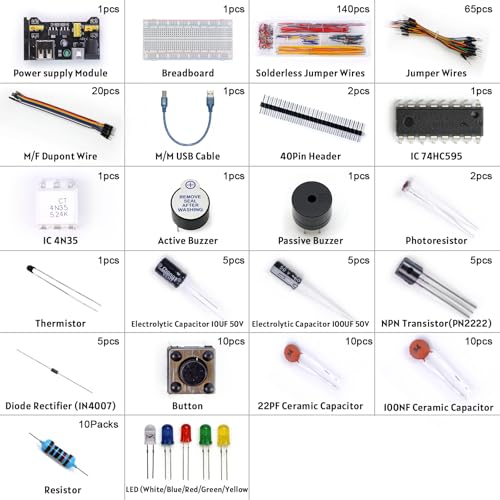 Electronics Component Fun Kit w/Power Supply Module, Electronics Basic Kit, Jumper Wire, Breadboard, Precision Potentiometer,Resistor Compatible with Arduino, Raspberry Pi, STM32 - size: Component Kit(without the board)