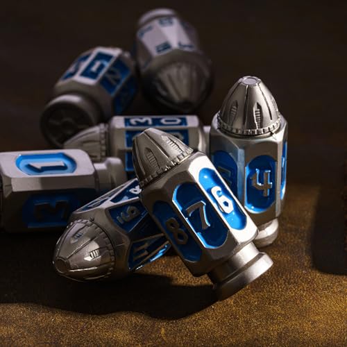 UDIXI Metal DND Bullet Dice Set, D&D Metal Bullet Polyhedral Dice Set Blue | 7PCS, Cool Style, Magazines Container and PU Leather Bag, for RPG Dungeons and Dragons Role Playing Games and Tabletop Games - color: Blue