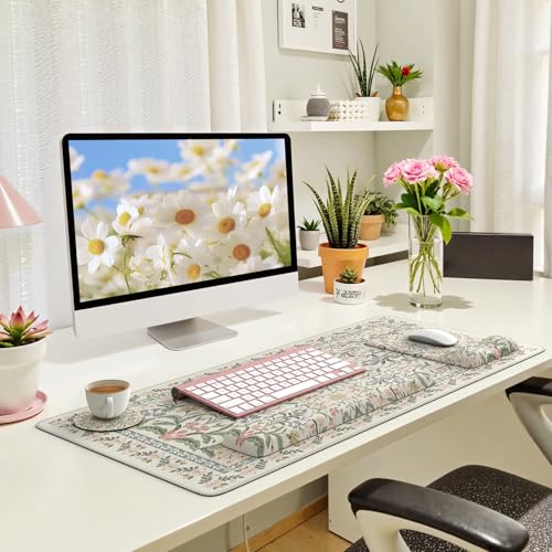 iLeadon Desk Protector Mat, Ergonomic Wrist Pad for Keyboard and Mouse | Non Slip Desk Mat with Wrist Rest, Extra Large Full Desk Mouse Pad with Coaster for Women Office, Cute Grey Design - color: Grey