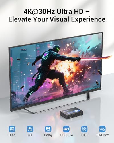 HDMI Splitter 1 in 4 Out 4K 30Hz HDMI-Splitter for 4 Monitors | with USB to DC Power Cable, 4 Way HDMI Distribution, Multi HDMI Adapter for PC/Laptop/HDTV/Projector, Mirror Only, Not Extend - size: 1x4 30Hz