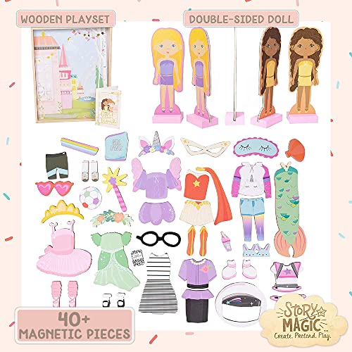 Story Magic Wooden Dress-Up Doll by Horizon Group USA, Dress Up Magnetic Wood Double Sided Doll, Over 40 Outfit and Accessory Pieces, Creative Pretend Play, Perfect for Ages 4+ - style: Rustic