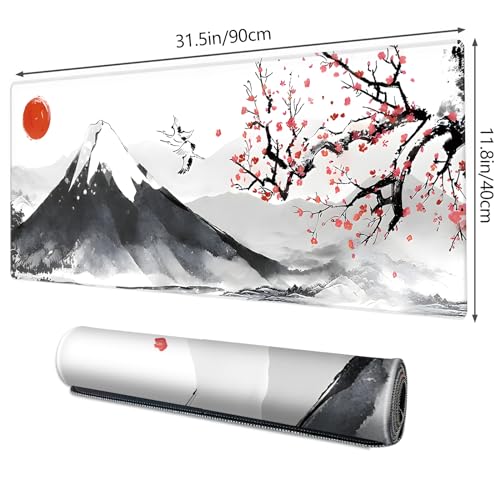 Galdas Mouse Pad for Gaming, Japanese Desk Mat,XXL XL Large Mouse Mat Long Extended Mousepad Non-Slip Rubber Mice Pads Stitched Edges Thin (31.5 x 11.8 x 0.12 Inches) Ink and Wash - color: Ink and wash