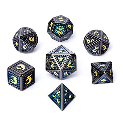 DNDND Metal Dice, 7 PCS Dragon Scale Metallic DND Die with Gift Metal Case for Dungeons & Dragons D&D (Teal with Black Edge) - color: Teal With Black Edge