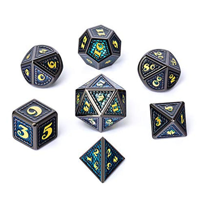 DNDND Metal Dice, 7 PCS Dragon Scale Metallic DND Die with Gift Metal Case for Dungeons & Dragons D&D (Teal with Black Edge) - color: Teal With Black Edge