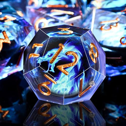 AUSTOR 7 Die DND Dice Set - Blue Flame Dragon Resin Dice (D20, D12, D10, D8, D6, D4) with Case - color: Blue Flame Dragon