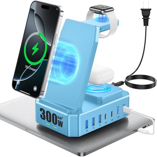 300W Charging Station for Multiple Devices Apple, Zutspzss 10 in 1 Wireless Charger for iPhone 16, GaN III USB C 65W PD Fast Charging Stand Dock for Apple Watch&Airpods,Blue - color: Blue