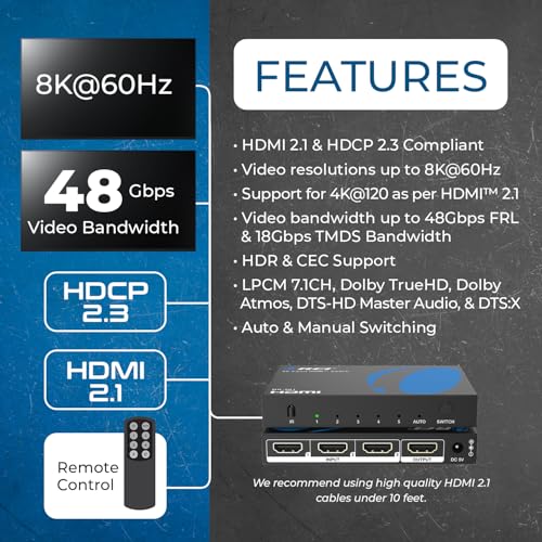 OREI 8K HDMI 2.1 Switch, 5-Port 5-in 1-Out, 8K@60Hz, HDR, Auto Switcher | hdmi switch with remote, hdmi switcher 5x1, 48Gbps, 4K@120Hz, VRR, ALLM, QFT, CEC, PS5/Xbox Compatible - size: 5x1 8K HDMI Switch